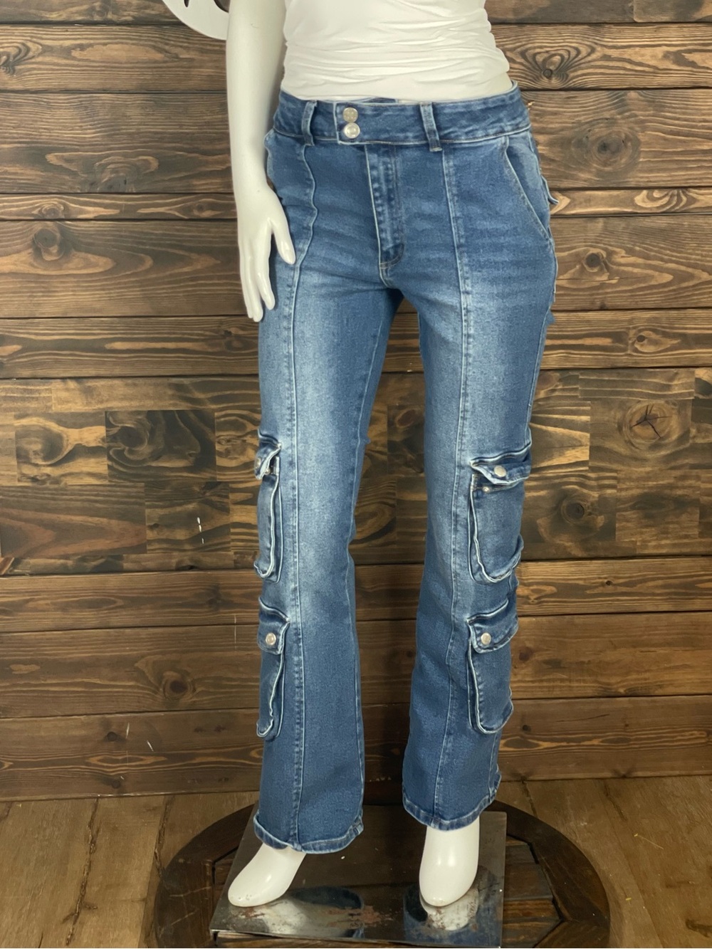 Forever 21 | Flared Wide Leg Utility High-Rise Cargo Denim Jeans Medium Wash - Picture 5 of 6